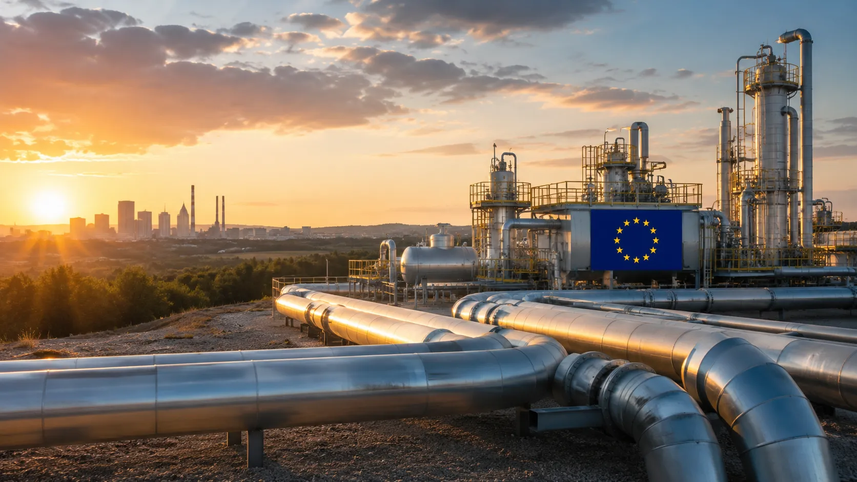 Industrial pipelines under golden hour sky
